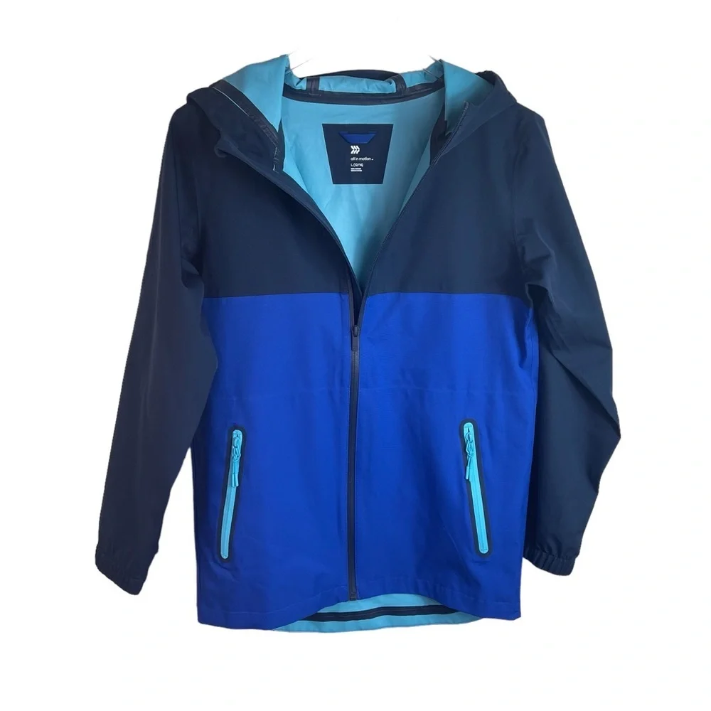 All In Motion Boy's Hooded Windbreaker Jacket Wind & Water Repellent Blue.